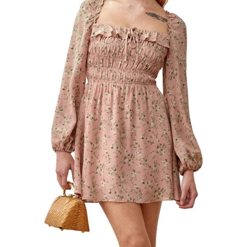 Reformation Morris Smocked Long Sleeve BabyDoll Dress Size 10